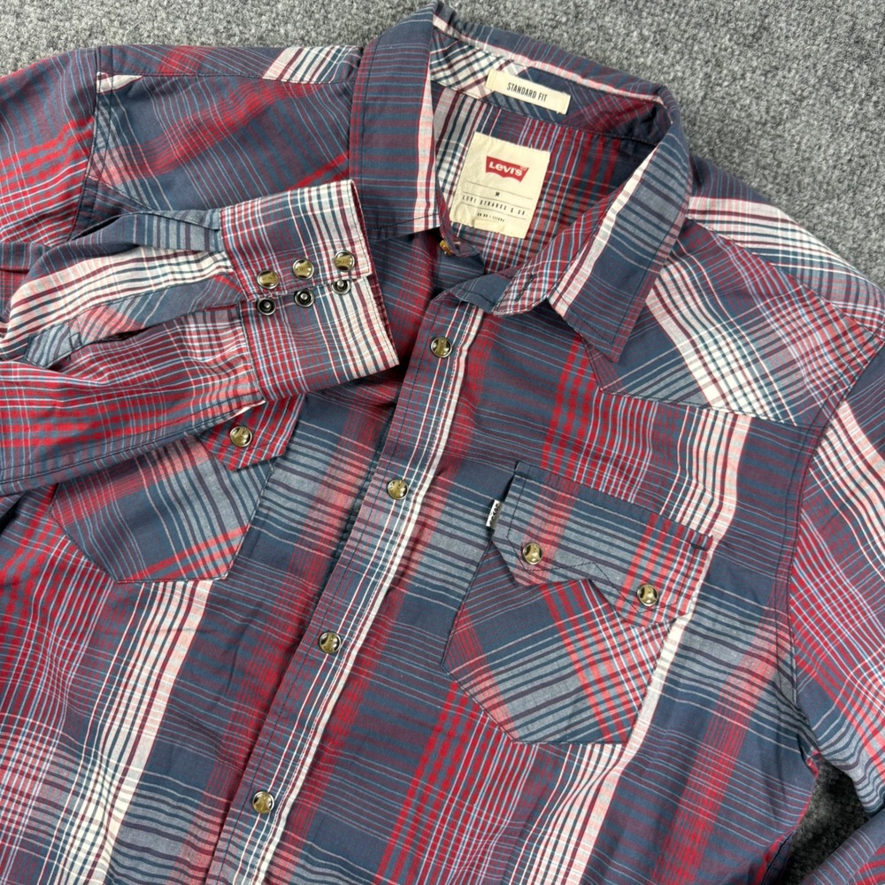 Levi's Western Shirt Medium Red Blue Plaid Pearl Snap Standard Fit Mens
